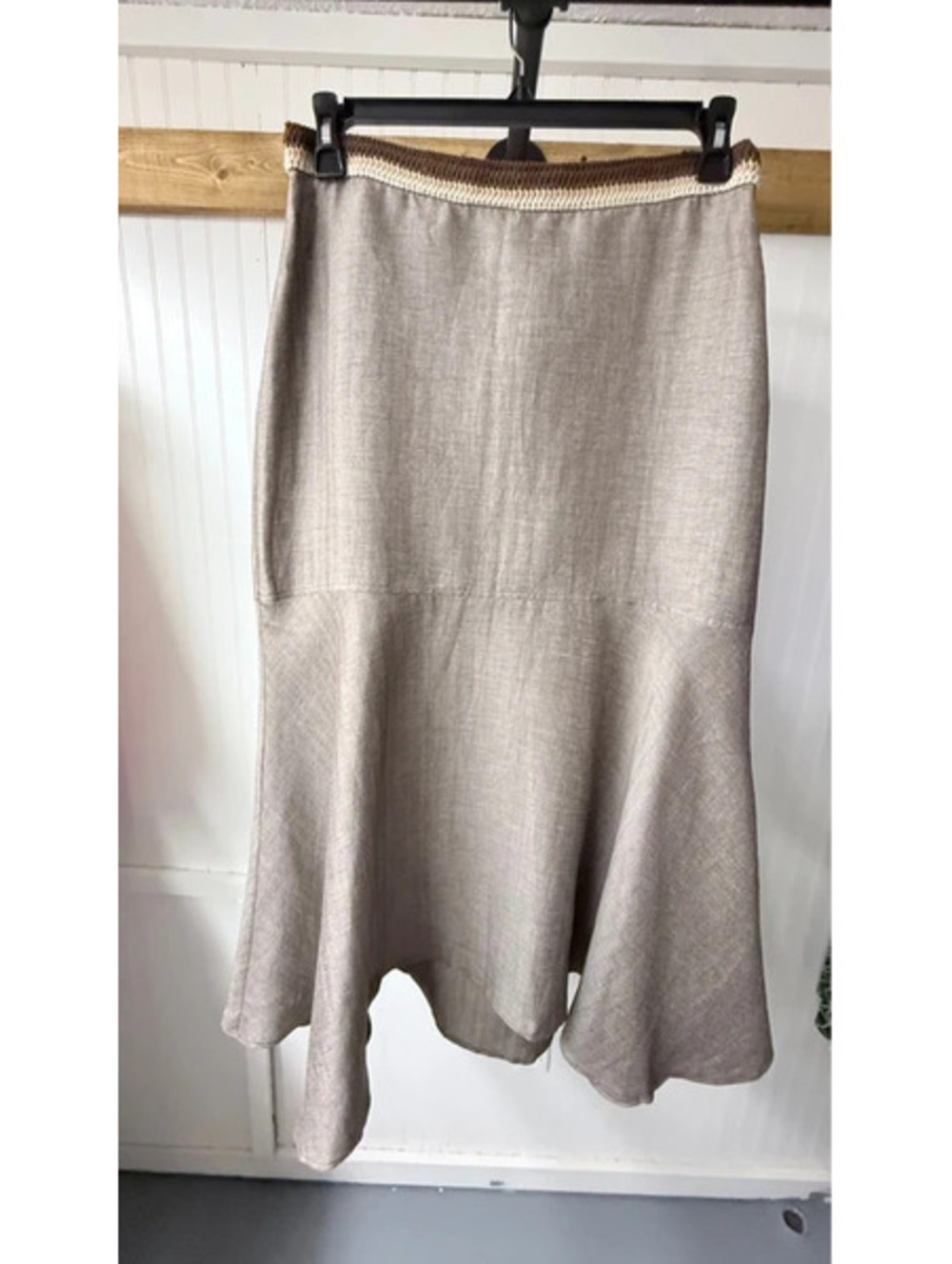 Parisian Signature mermaid midi skirt tan linen blend size 10 boho chic career
